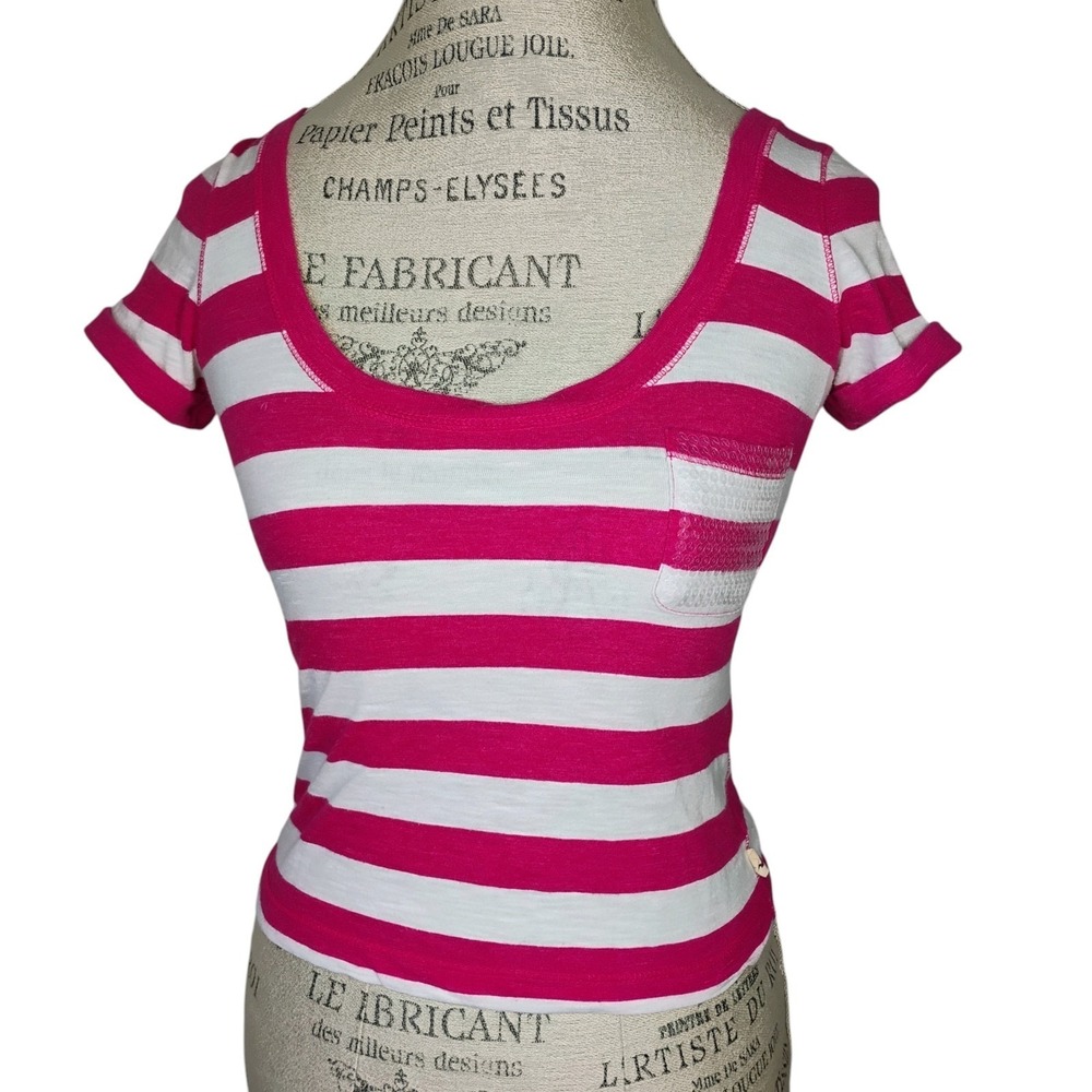 Hollister Y2K Striped Baby Tee Womens XS Pink Cropped Pocket Sequin